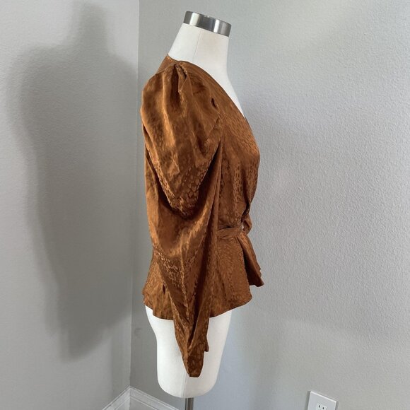 A.L.C. Blouse Womens 10 Brown Silk Wrap Top Puff Sleeve Peplum Jacquard Tie Belt - Picture 8 of 11